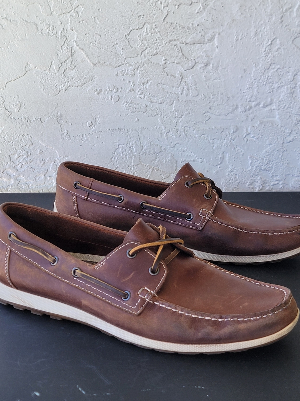 ECCO S-LITE COGNAC BROWN LEATHER MENS USA 11 MOCCASIN BOAT SHOES